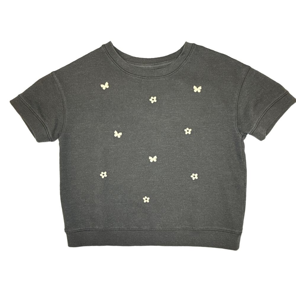 Cat & Jack Girls Short Sleeve Sweatshirt Gray Butterfly Daisy Flower Size S 6/7